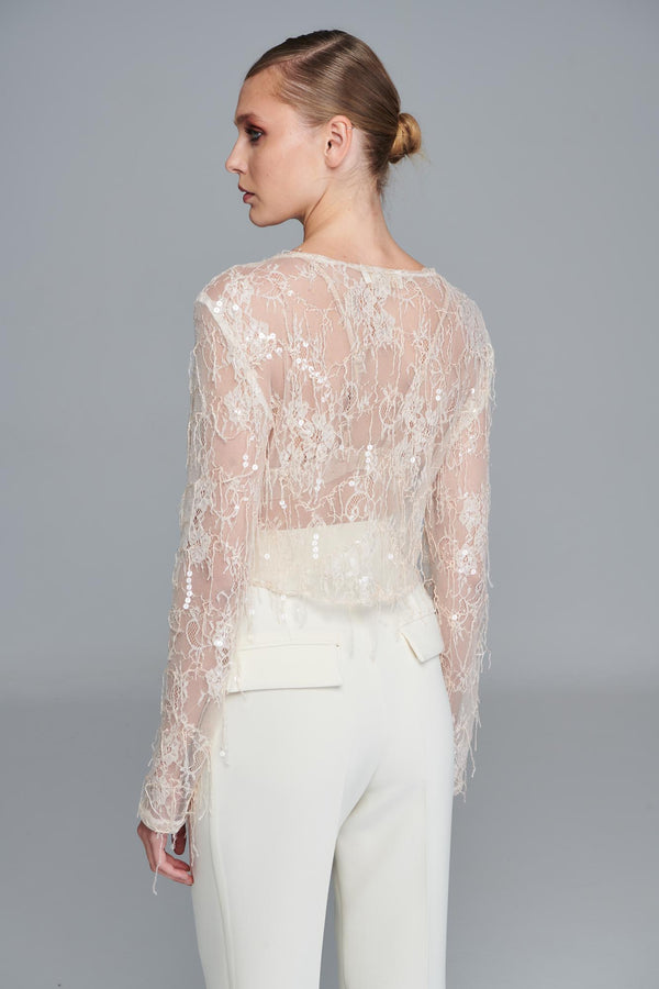 Oversize Lace Top with Sequins in White