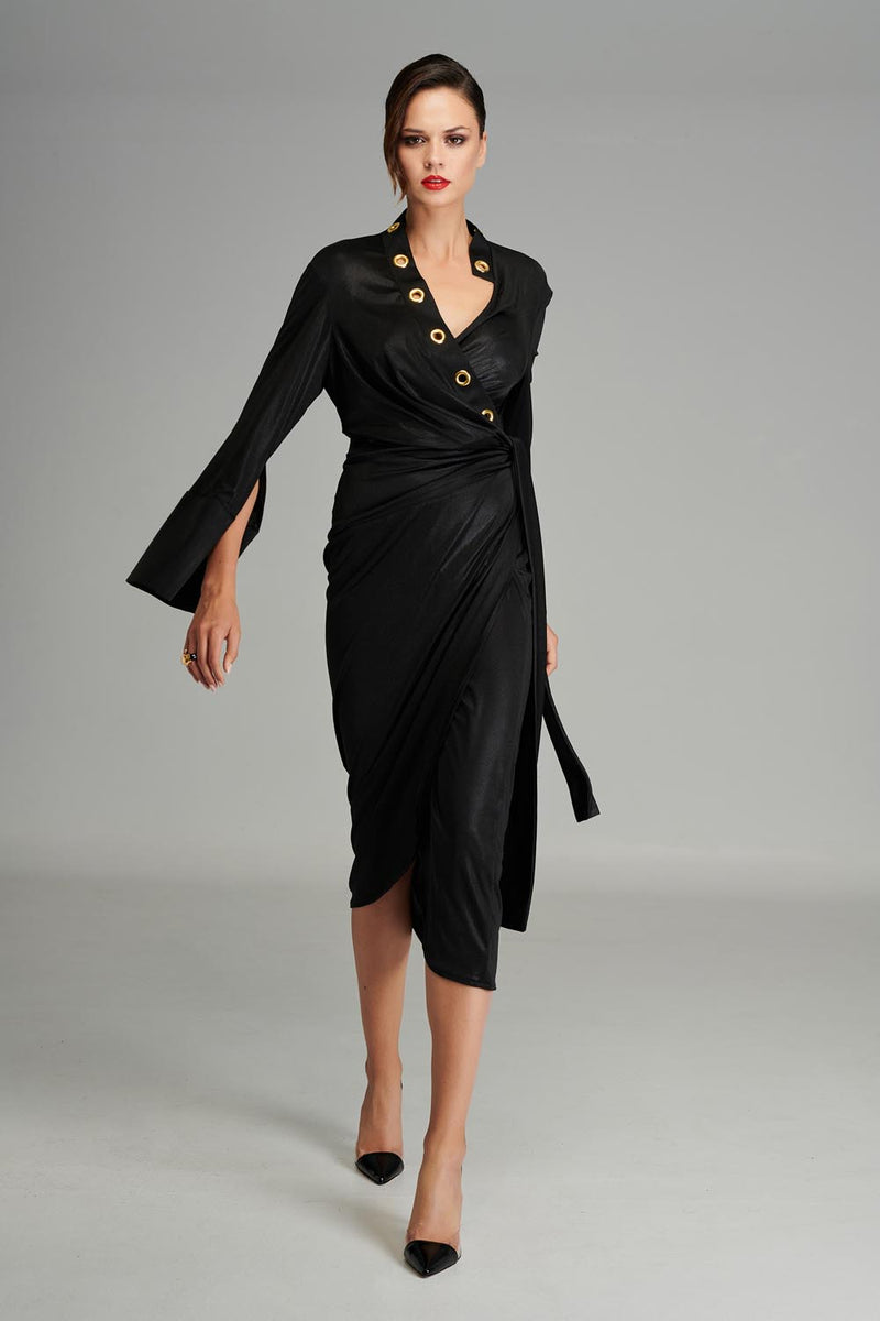 Croisé Dress with Gold Rings in Black