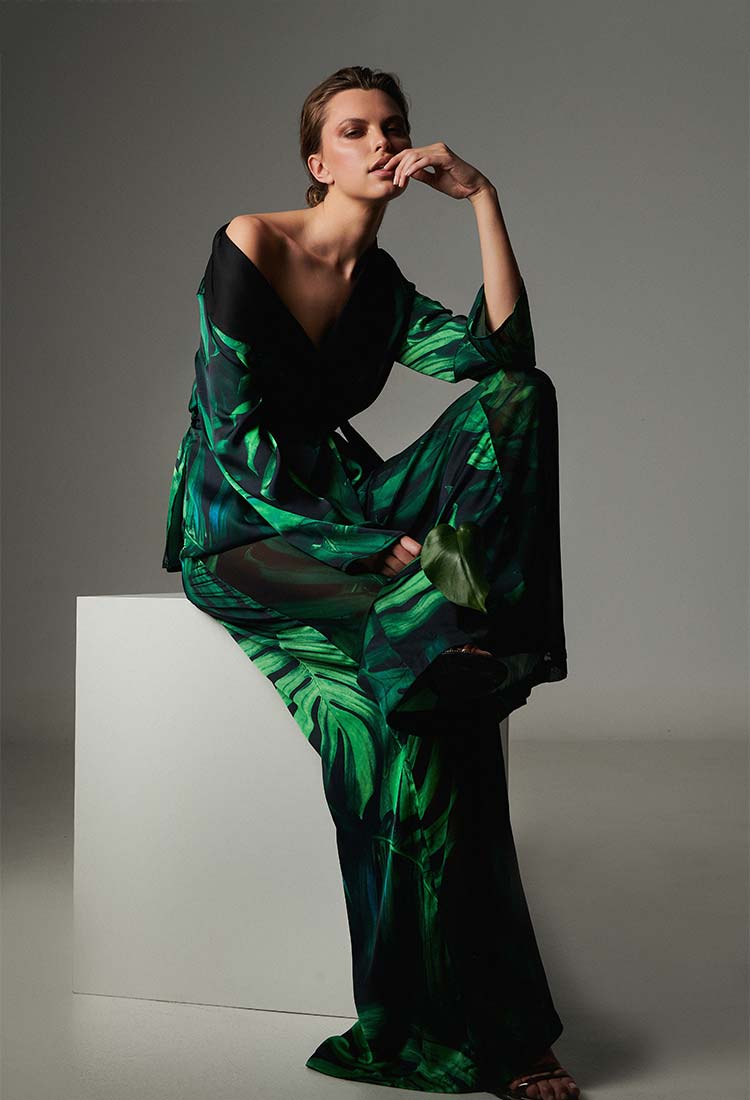 Set of Kimono and Wide Pants in Tropical Print