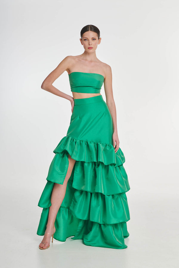 TAFFETA SET STRAPLESS TOP WITH MAXI SKIRT WITH OPENING